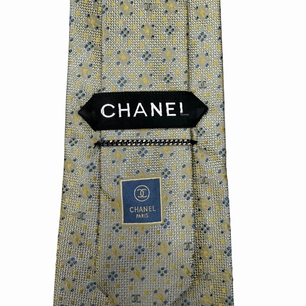 Chanel Men's Tie Gold/Blue CC Monogram Coco Mark Logo w/ Chain Silk 3 7/8" 59.5"